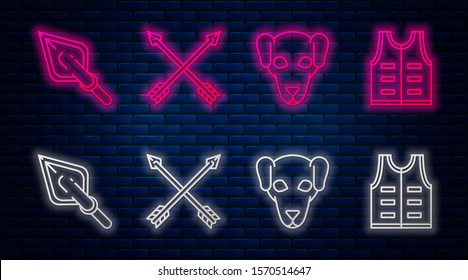 Set line Crossed arrows, Hunting dog, Hipster arrow tip and Hunting jacket. Glowing neon icon on brick wall. Vector