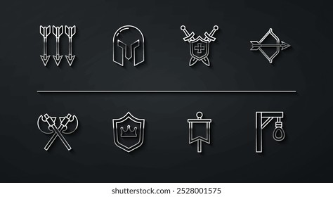 Definir linha Setas cruzadas, eixos medievais, arco medieval e, bandeira, Escudo com coroa, capacete de ferro, forcas e escudo espadas ícone. Vetor