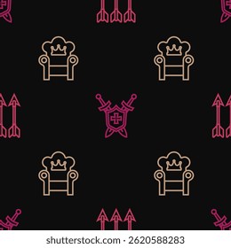 Set line Crossed arrows, Medieval throne and shield with swords on seamless pattern. Vector