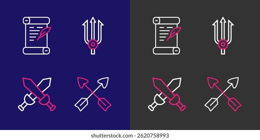 Set line Crossed arrows, medieval sword, Neptune Trident and Decree, parchment, scroll icon. Vector