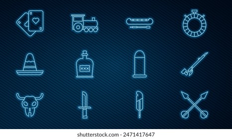 Set line Crossed arrows, Native American indian smoking pipe, Kayak or canoe and paddle, Alcohol drink Rum bottle, Mexican sombrero hat, Playing cards, Bullet and Retro train icon. Vector