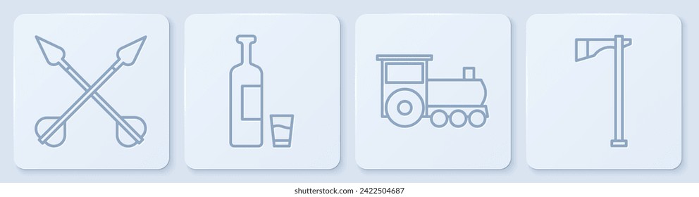 Set line Crossed arrows, Retro train, Whiskey bottle and glass and Tomahawk axe. White square button. Vector