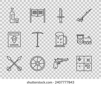 Fijar línea flechas cruzadas, mapa del tesoro, cuchillo militar, rueda de madera antigua, botella y vidrio de Whiskey, Pickaxe, pistola Revolver e icono del tren Retro. Vector