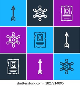 Set line Crossed Pfeile, Wanted Western Poster und Hexagram Sheriff Symbol. Vektorgrafik