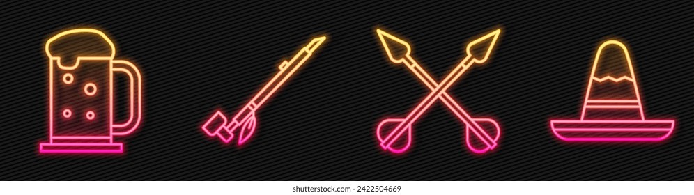 Set line Crossed arrows, Wooden beer mug, Native American indian smoking pipe and Mexican sombrero hat. Glowing neon icon. Vector