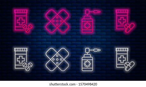 Set line Crossed bandage plaster, Medical bottle with nozzle spray, Medicine bottle and pills and Medicine bottle and pills. Glowing neon icon on brick wall. Vector