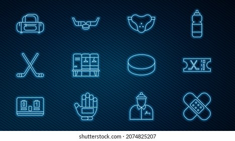 Set line Crossed bandage plaster, Hockey sports ticket, Protective jockstrap, Locker changing room, Ice hockey sticks, Sport bag, puck and  icon. Vector