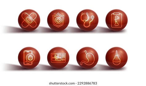 Set line Crossed bandage plaster, Emergency phone call, X-ray shots, Human stomach, Monitor with cardiogram, Life insurance in hand, Enema and Stethoscope icon. Vector
