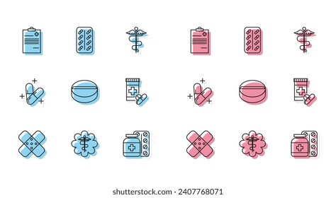 Set line Crossed bandage plaster, Emergency star medical symbol Caduceus snake with stick, Medical clipboard clinical record, Medicine bottle pills, tablet,  and Pills blister pack icon. Vector