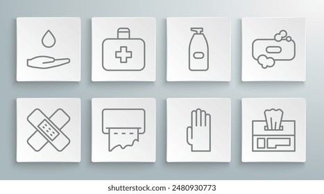 Set line Crossed bandage plaster, First aid kit, Paper towel dispenser on wall, Rubber gloves, Wet wipe pack, Bottle of liquid antibacterial soap, Bar and Washing hands with icon. Vector