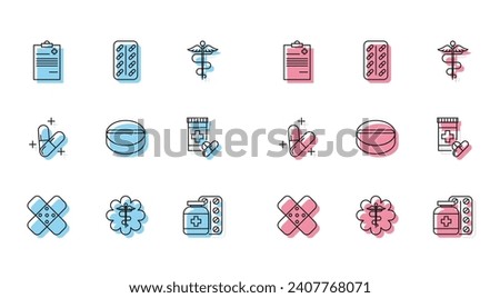 Set line Crossed bandage plaster, Emergency star medical symbol Caduceus snake with stick, Medical clipboard clinical record, Medicine bottle pills, tablet,  and Pills blister pack icon. Vector