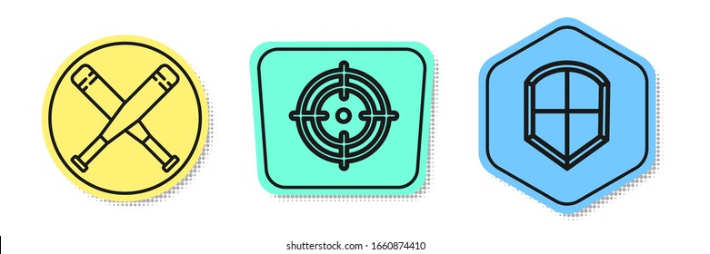 Set line Crossed baseball bat, Target sport and Shield. Colored shapes. Vector