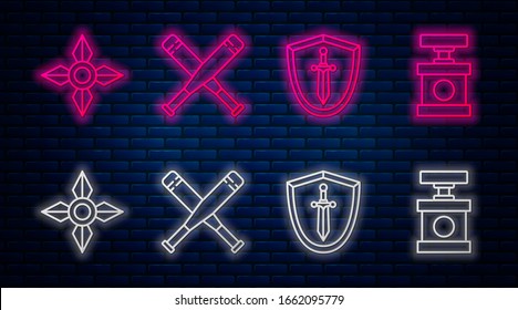 Set Line Crossed Baseball Fledermaus, mittelalterliche Schild mit Schwert, japanische Ninja Shuriken und Handle Detonator für Dynamit. Leuchtendes Neonsymbol an der Ziegelwand. Vektorillustration