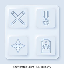 Set line Crossed baseball bat, Military reward medal, Japanese ninja shuriken and Chevron. White square button. Vector