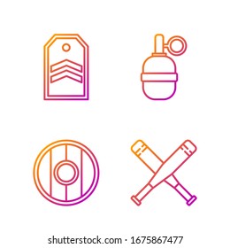 Set Line Crossed Baseball Fledermaus, Rundhölzer, Chevron und Handgranate. Farbsymbole. Vektorillustration