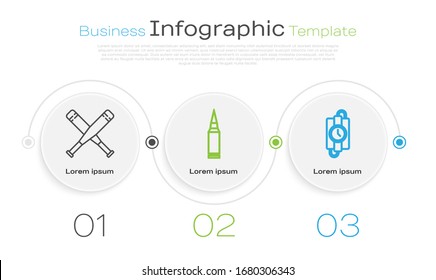 Set line Crossed baseball bat, Bullet and dynamite stick and timer clock. Business infographic template. Vector