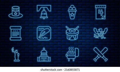 Set line Crossed baseball bat, Eagle, Ice cream in waffle cone, Declaration of independence, Patriotic American top hat, Drum and drum sticks and Liberty bell Philadelphia icon. Vector