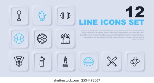 Set line Crossed baseball bat, Dumbbell, Soccer football, Bicycle helmet, Basketball, Fitness shaker, Punch in boxing gloves and Chess icon. Vector