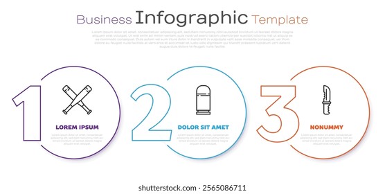 Set line Crossed baseball bat, Cartridges and Military knife. Business infographic template. Vector