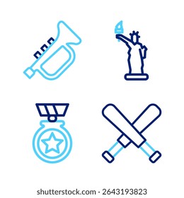 Set line Crossed baseball bat, Medal with star, Statue of Liberty and Trumpet icon. Vector