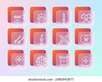 Set line Crossed battle hammers, Round wooden shield, medieval sword, Medieval flag, Castle tower, Trumpet with and throne icon. Vector