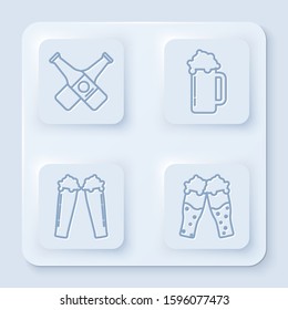 Set line Crossed beer bottle, Glass of beer, Glass of beer and Glass of beer. White square button. Vector