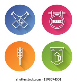 Set line Crossed beer bottle, Street signboard with inscription Beer, Cereals set with rice, wheat, corn, oats, rye, barley and Street signboard with glass of beer. Color circle button. Vector