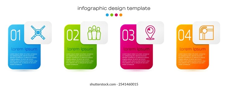 Set line Crossed billiard cues and ball, Bowling pin, Location with bowling and Billiard table. Business infographic template. Vector