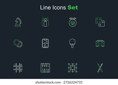 Set Linie Crossed Billard-Cues, Brettspiel, Backgammon-Brett, Tic Tac Toe, Time Schach Uhr, Racket, Air Hockey Tisch und Casino Chips Symbol. Vektorgrafik
