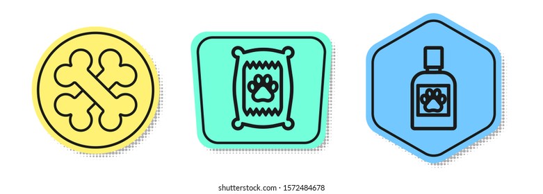 Set line Crossed bones, Bag of food for dog and Dog medicine bottle. Colored shapes. Vector