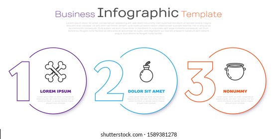Set line Crossed bones , Bomb ready to explode  and Halloween witch cauldron . Business infographic template. Vector