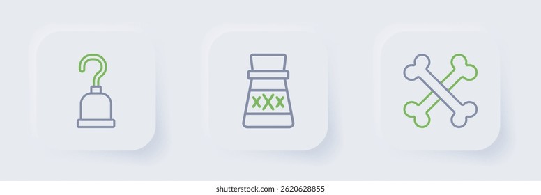 Set line Crossed bones, Bottle with potion and Pirate hook icon. Vector