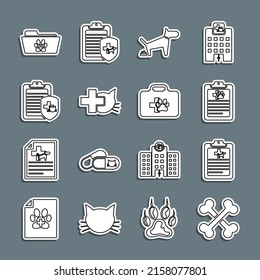 Set line Crossed bones, Clinical record pet, Dog pooping, Veterinary clinic, Medical veterinary folder and Pet first aid kit icon. Vector