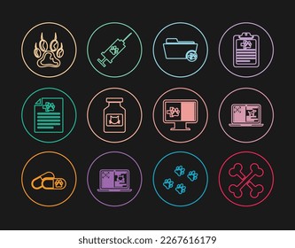 Set line Crossed bones, Clinical record dog laptop, Medical veterinary folder, Cat medicine bottle, certificate for cat, Paw print, pet monitor and Syringe with vaccine icon. Vector