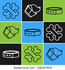 Set line Crossed bones, Collar with name tag and Veterinary clinic symbol icon. Vector