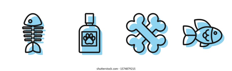 Set line Crossed bones, Fish skeleton, Dog medicine bottle and Fish icon. Vector