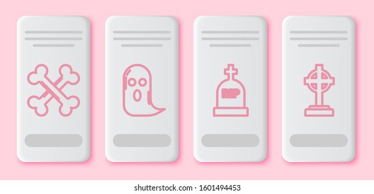 Set line Crossed bones , Ghost , Tombstone with RIP and Tombstone with cross . White rectangle button. Vector