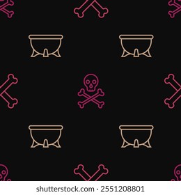 Set line Crossed bones, Halloween witch cauldron and Skull crossbones on seamless pattern. Vector