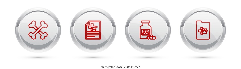 Set line Crossed bones, Medical certificate for dog or cat, Cat medicine bottle and pills and Clinical record pet. Silver circle button. Vector