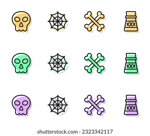 Set line Crossed bones, Skull, Spider web and Bottle with potion icon. Vector