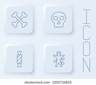 Set line Crossed bones, Skull, Candy and Voodoo doll. White square button. Vector
