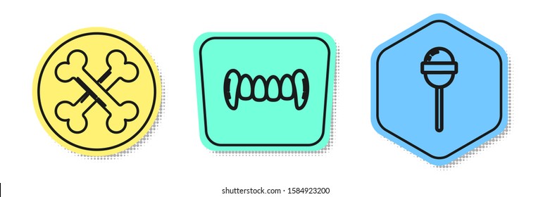 Set line Crossed bones , Vampire teeth  and Lollipop . Colored shapes. Vector