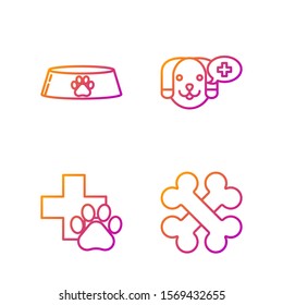 Set line Crossed bones, Veterinary clinic symbol, Pet food bowl for cat or dog and Veterinary clinic symbol. Gradient color icons. Vector