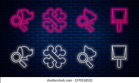 Set line Crossed bones, Veterinary clinic symbol, Veterinary clinic symbol and Dustpan. Glowing neon icon on brick wall. Vector