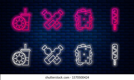 Set line Crossed bottle of water, Sandwich, Paper glass with drinking straw and donut and Ice cream. Glowing neon icon on brick wall. Vector