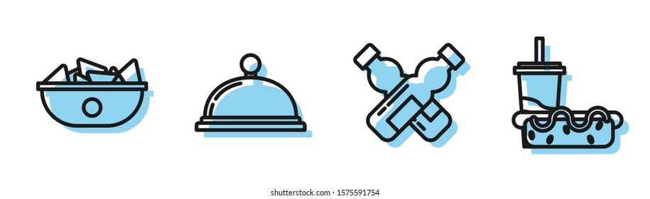 Set line Crossed bottle of water, Nachos in plate, Covered with a tray of food and Paper glass with drinking straw and hotdog icon. Vector