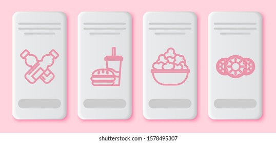Set line Crossed bottle of water, Paper glass with drinking straw and burger, Popcorn in bowl and Donut with sweet glaze. White rectangle button. Vector