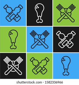 Set line Crossed bottle of water, Crossed fork and Chicken leg icon. Vector