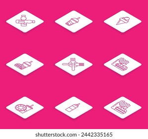 Set line Crossed bottle of water, Glass lemonade with drinking straw, Ice cream waffle cone, Paper glass and burger, fork, Burger french fries carton package box, donut and Sauce icon. Vector