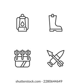 Fijar línea bala cruzada con flecha, flechas Quiver, linterna de camping e icono de la funda guardapolvo impermeable. Vector